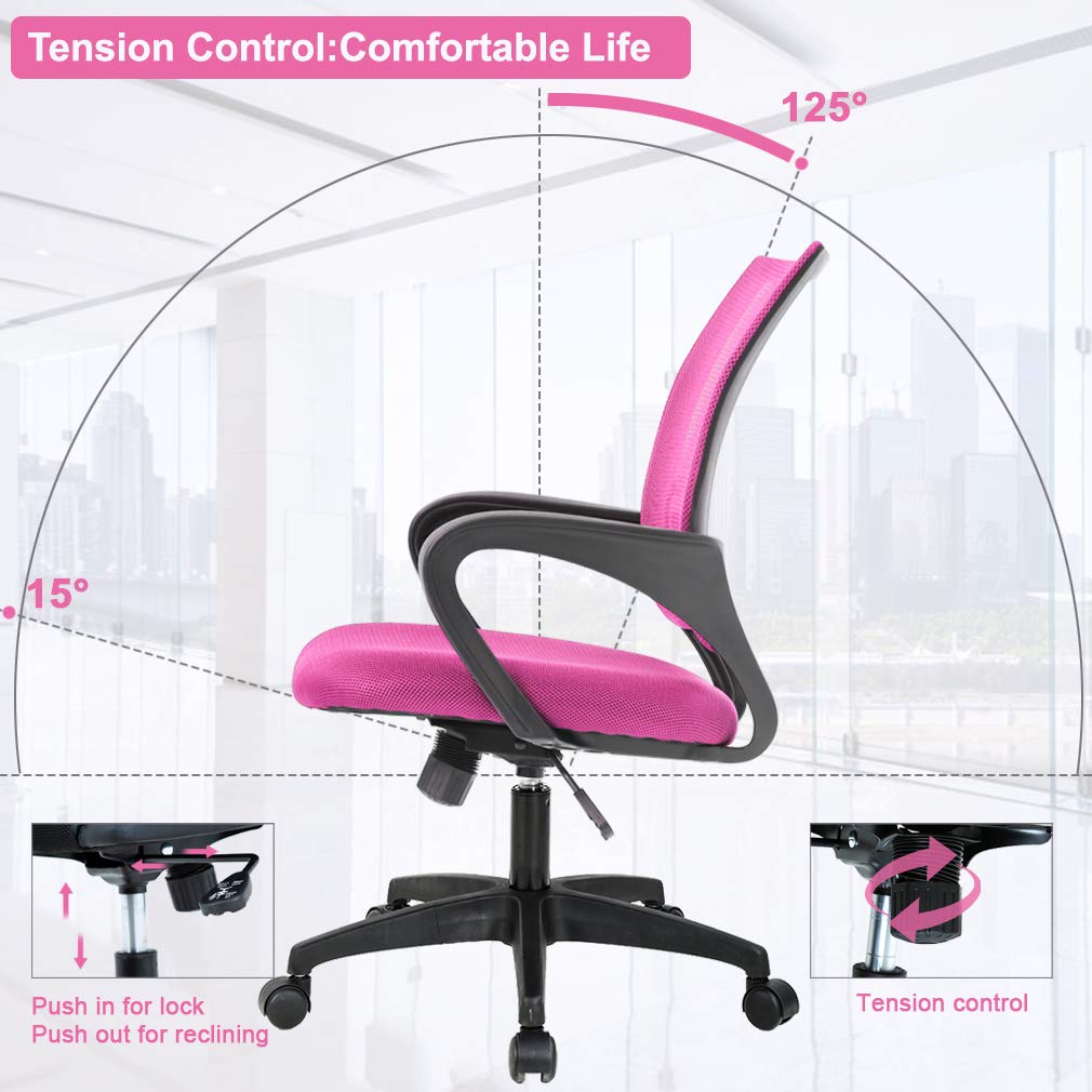 BestOffice | Ergonomic Office Chair | Mid-Back Swivel Desk Chair | Breathable Backrest & Lumbar Support | Adjustable Height | Sponge Seat | Rolling Wheels | Pink | for Adults & Women