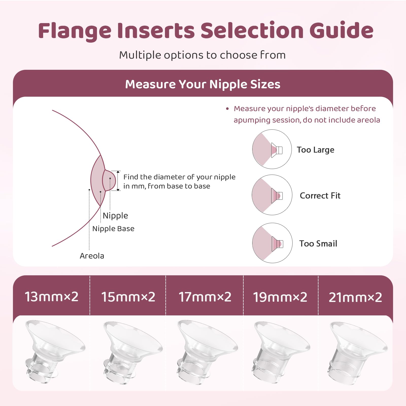 Nursi Luna Flange Sizing Kit 3 in 1 with 10PCS Flange Inserts 13/15/17/19/21mm, Silicone Breast Pump Flanges Insert Kit for 24mm Electric Breast Pump, Pumping Breastfeeding Essentials Kit for New Mom