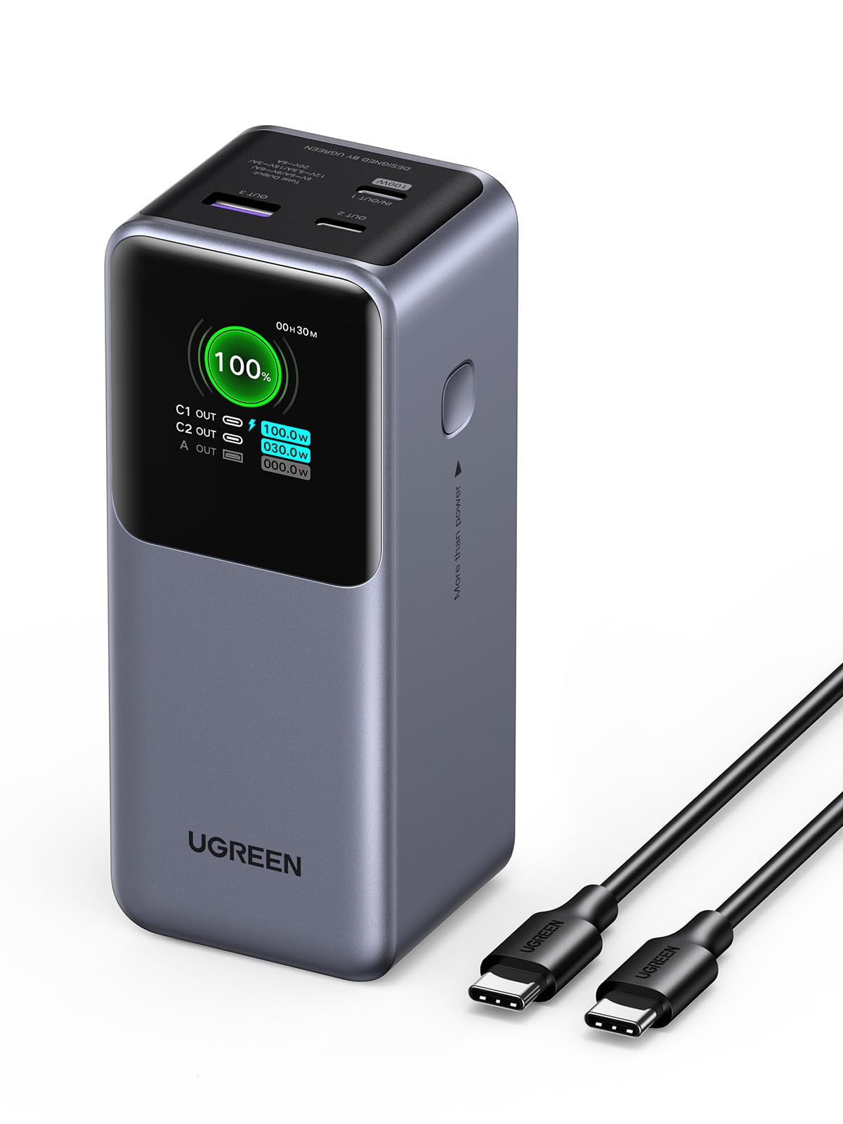 UGREEN Nexode Power Bank 20000mAh 130W Portable Charger 72Wh PD Fast Charging 3-Port USB C Battery Pack with TFT Smart Display for MacBook/ipad/iPhone 16/Samsung S24/Switch and More