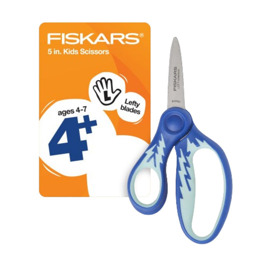 Fiskars 5" Softgrip Left-Handed Pointed-Tip Scissors for Kids Ages 4-7, Left-Handed Scissors for School or Crafting, Back to School Supplies, Blue Lightning