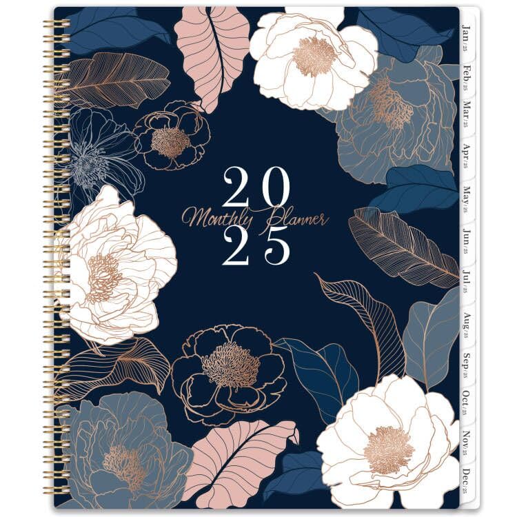 2025 Monthly Planner - Monthly Planner/Calendar 2025, Jan.2025-Dec.2025, 8.5" x 11", Monthly Planner with Back Pocket, Twin-Wire Binding - Engraved Floral