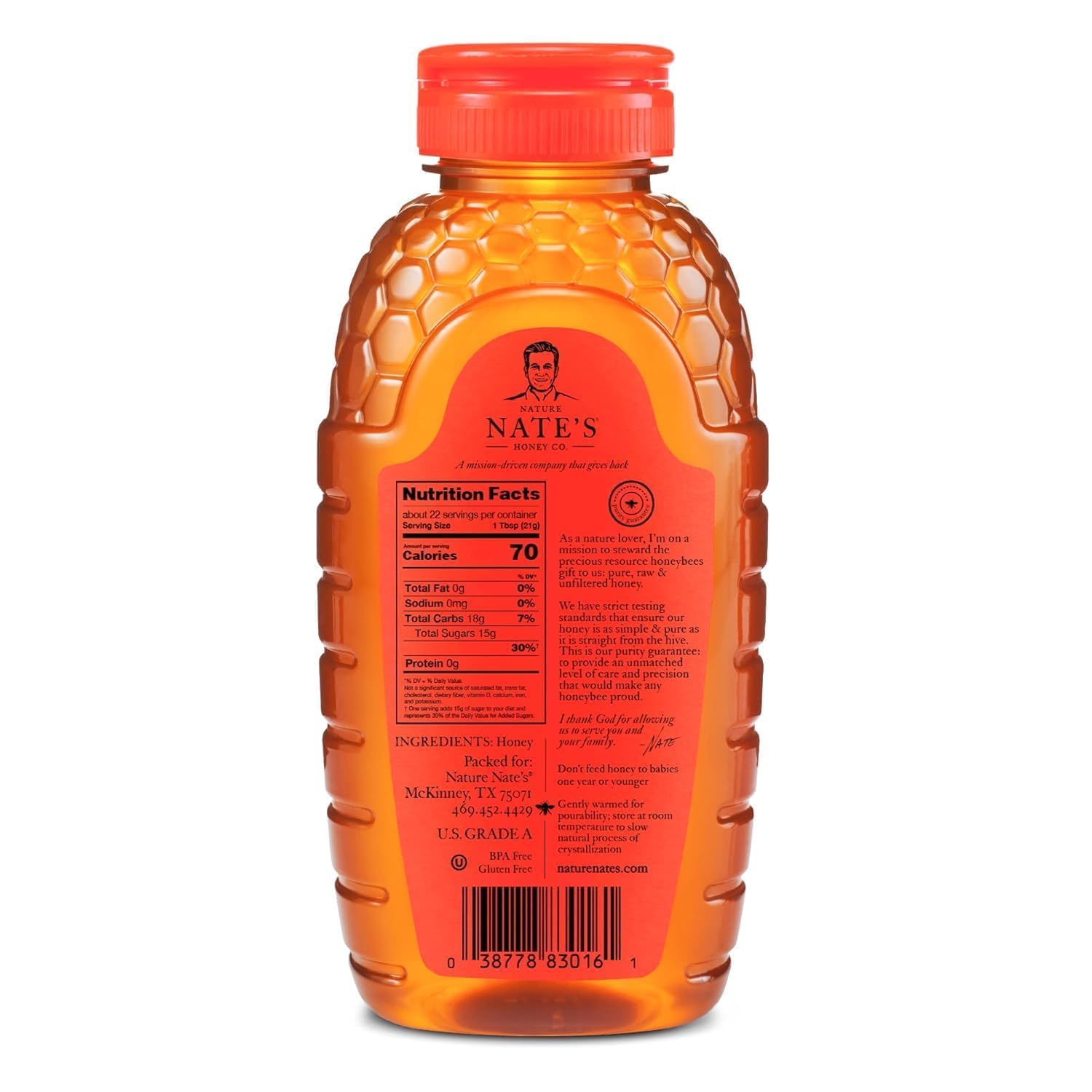 Nate's 100% Pure, Raw & Unfiltered Honey - Award-Winning Taste, 16 oz. Squeeze Bottle