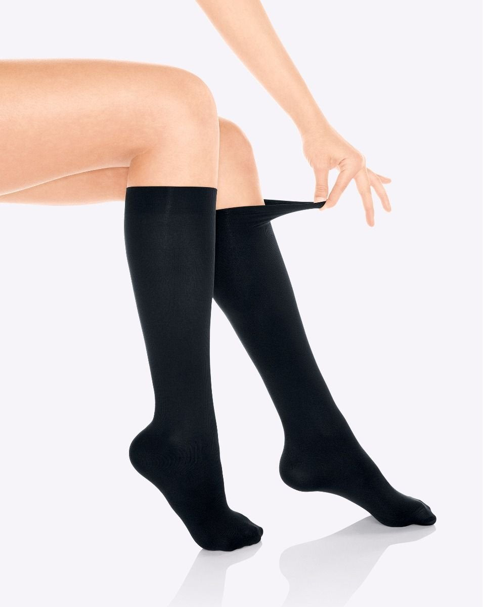 Women’s Trouser Socks, Opaque Stretchy Nylon Knee High, Black, 6 Pairs