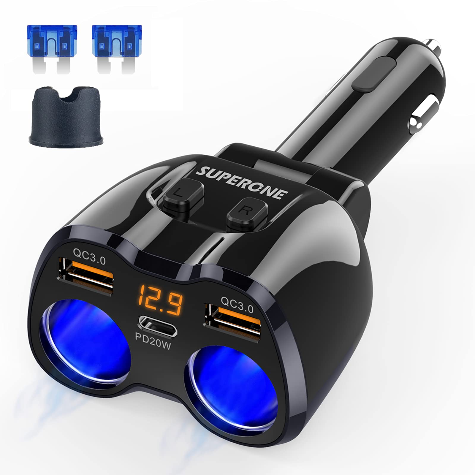 [2025 Upgraded] Cigarette Lighter Splitter, SUPERONE 180W 2-Socket Cigarette Lighter Adapter with Dual QC3.0 and 20W PD USB C Car Charger Splitter for GPS/Dash Cam/Laptop/iPad/iPhone 17/16/15/14/13/12