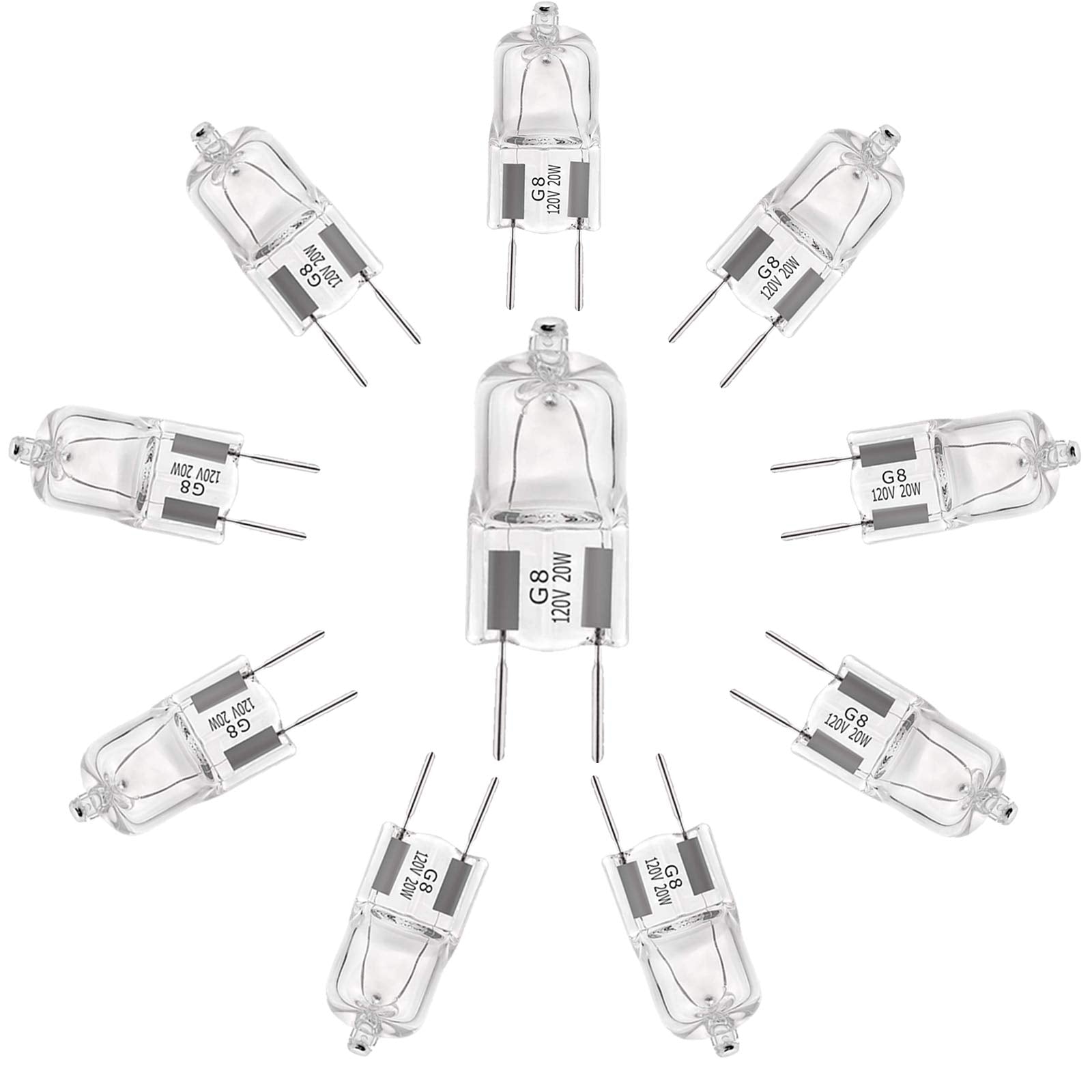 YBEK G8 Halogen Light Bulbs 20W 120V Xenon Under Cabinet Lighting Replacements 2Pin 2700K Warm White (Pack of 10)