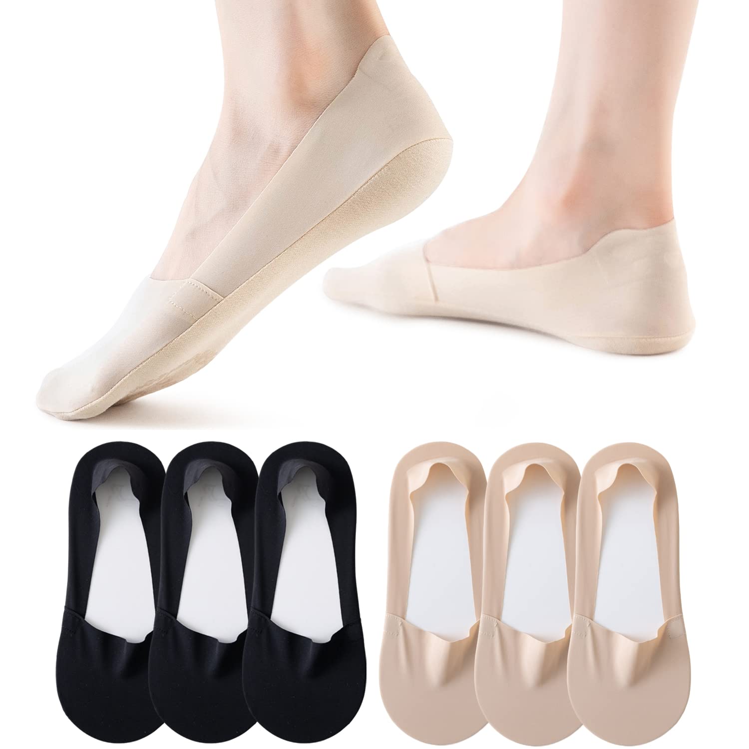 VFM 6 Pairs Women No Show Socks Flat boat line Socks Ice Feeling socks Nonslip Liner Invisible Thin Socks 3Black 3Nude