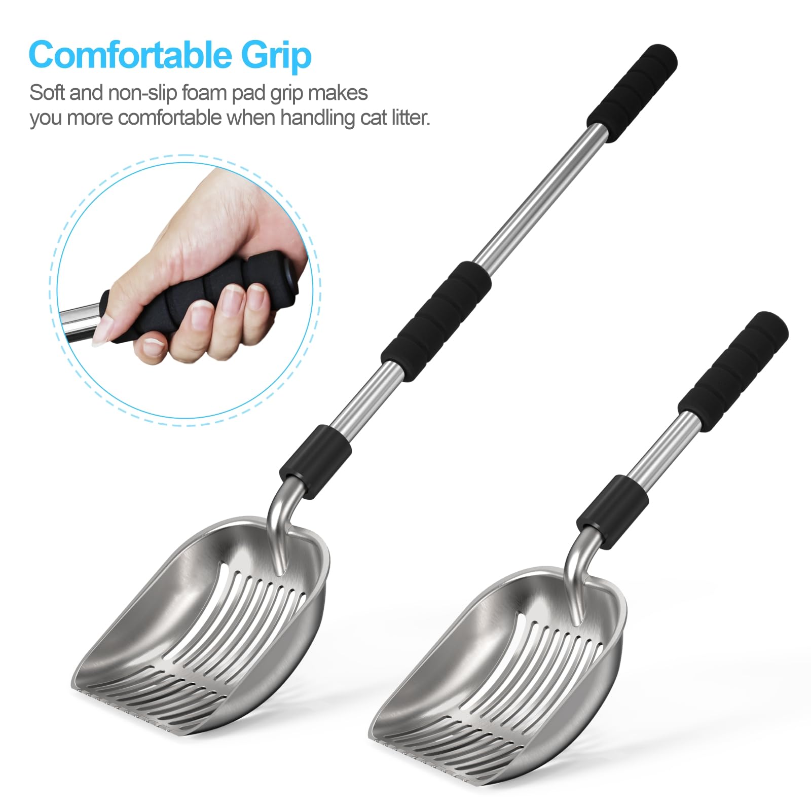 Depets Cat Litter Scoop, Metal Litter Scooper with Deep Shovel, Detachable Long Handle Cat Litter Sifter with Holder, Large Durable Cat Litter Shovel with Foam Pad Grip for Easy Sifting