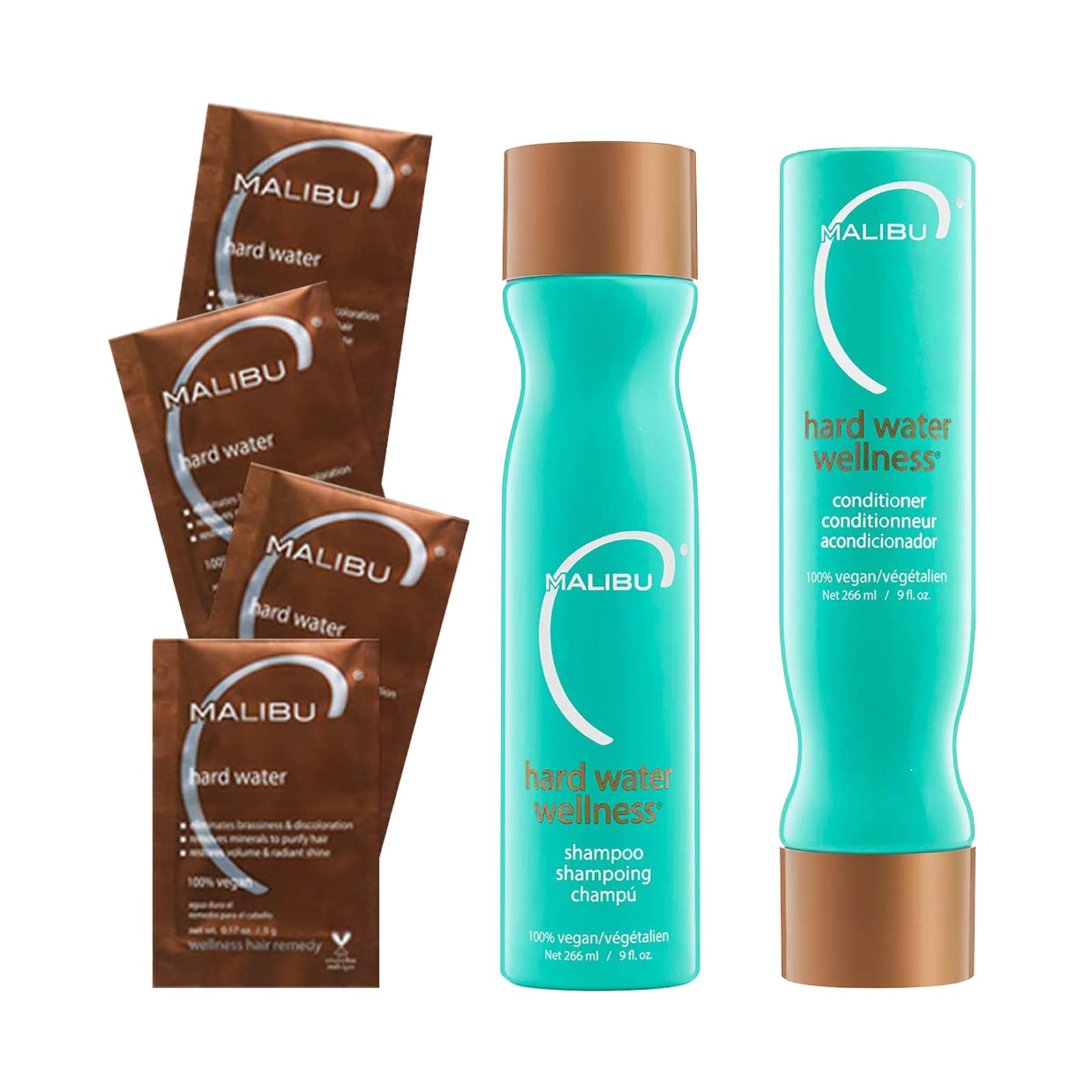 Malibu C Hard Water Wellness Remedy - Hard Water Shampoo, Conditioner & Hair Mask Packets for Removing Deposits and Impurities - Hydrating Hair Care Set (6 Ct)
