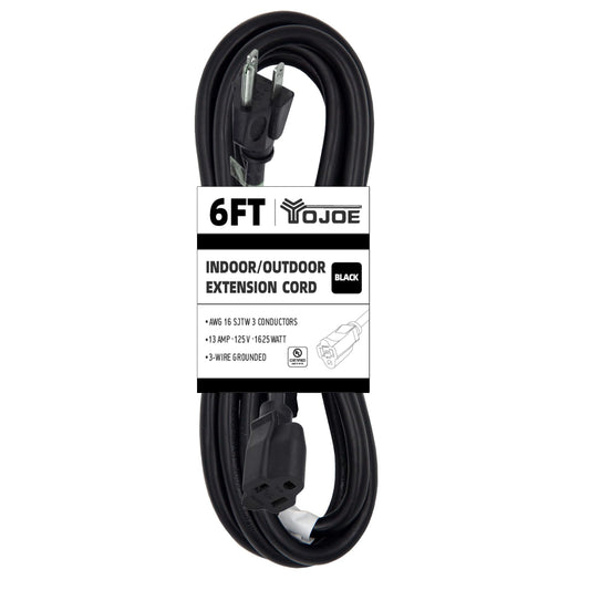 YOJOE 6 Foot Black Outdoor Extension Cord - 16/3 SJTW Waterproof Christmas Light Extension Cord with 3 Prong Grounded Plug - 16 Gauge Extension Cord for Garden, Christmas Decorations - UL Listed