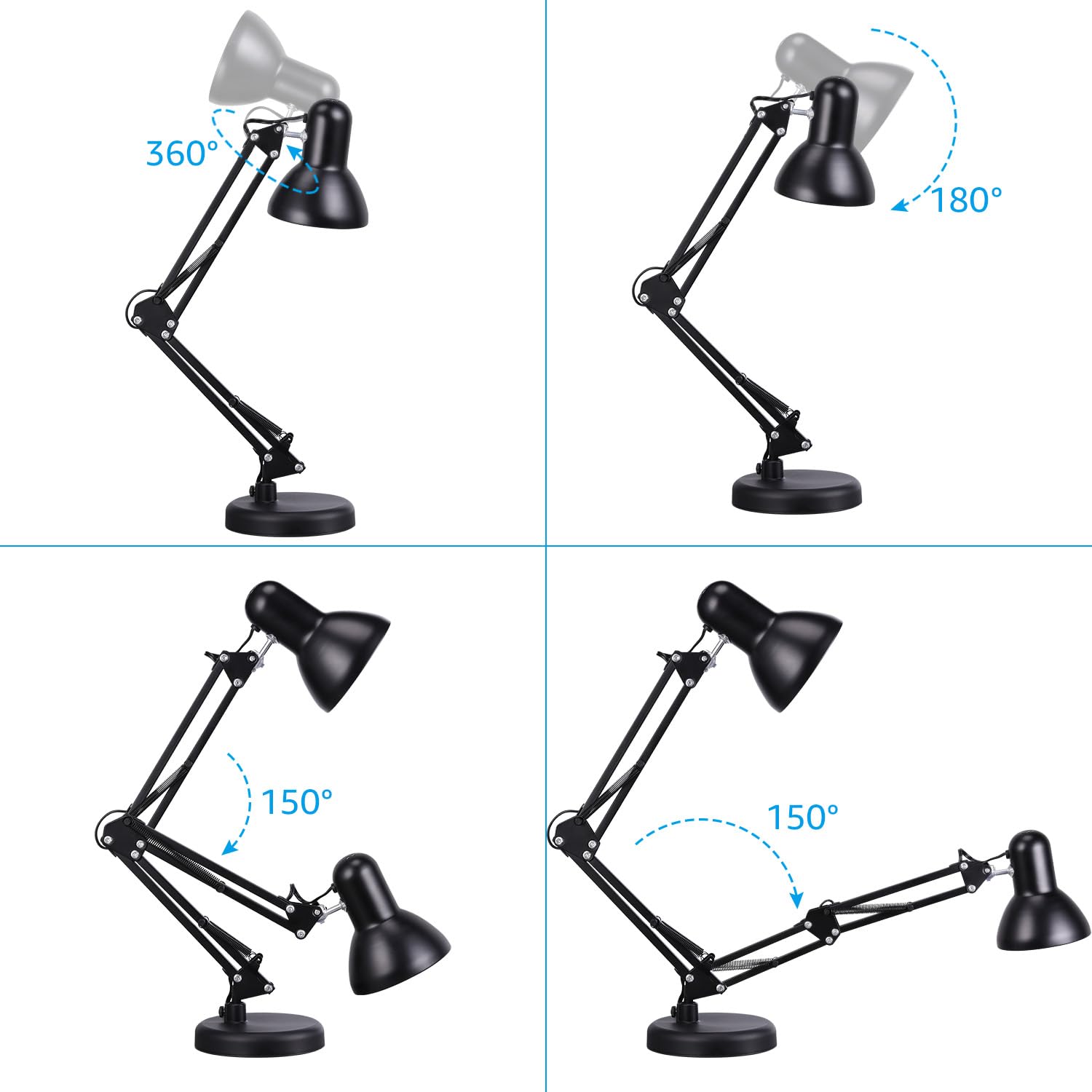 TORCHSTAR Metal Desk Lamp with Clamp, Swing Arm, Architect Adjustable Gooseneck Table Lamp, Clip Desk Lights for Home Office, Work, Study, Reading, E26 Base, Multi-Joint, Black