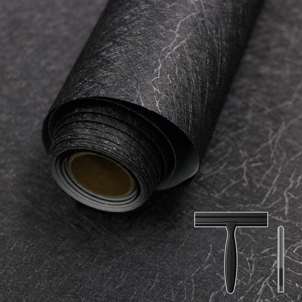 Abyssaly 15.7" X 118" Black Silk Wallpaper Embossed Self Adhesive Peel and Stick Wallpaper Contact Paper Removable Kitchen Wallpaper Vinyl Black Wallpaper Cabinet Furniture Textured Wallpaper