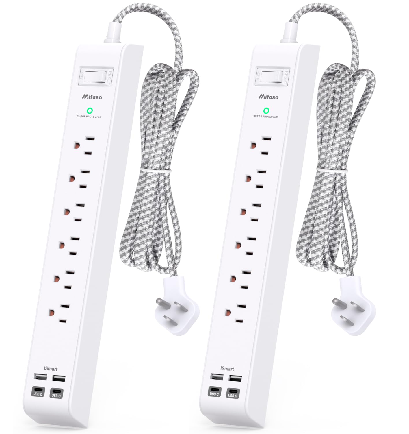 2 Pack Power Strip Surge Protector - 6 Outlets 4 USB Charging Ports, 5Ft Braided Extension Cord, Flat Plug, Overload Protection, Wall Mount for Home Office, Dorm Room Essentials White