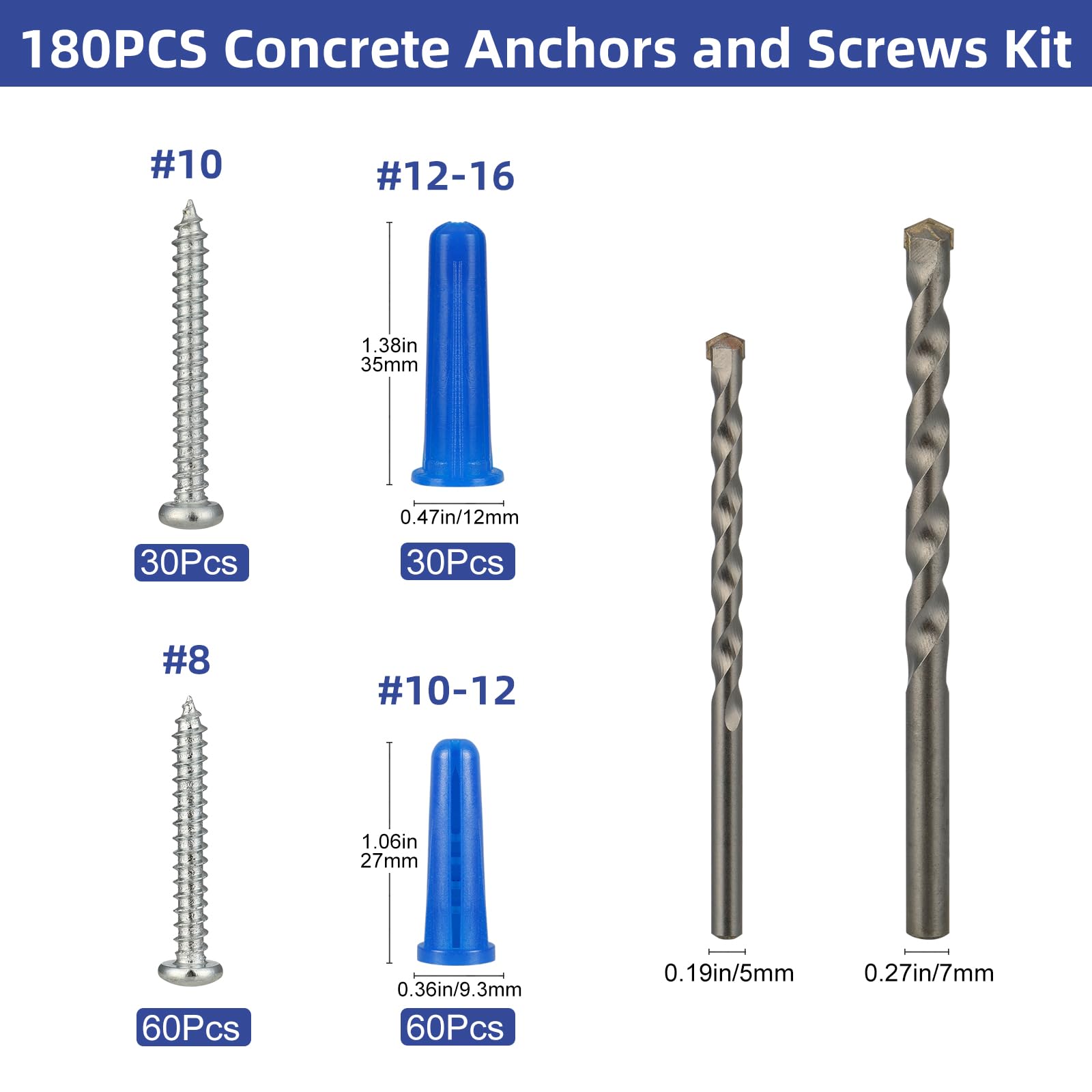 VGBUY 180PCS Conical Concrete Anchors and Screws Assortment Kit, 90PCS Concrete Wall Anchors, 90PCS Self Tapping Screws for Masonry Stucco Brick Cement Cinder Block Tile, with 2PCS Drill Bit