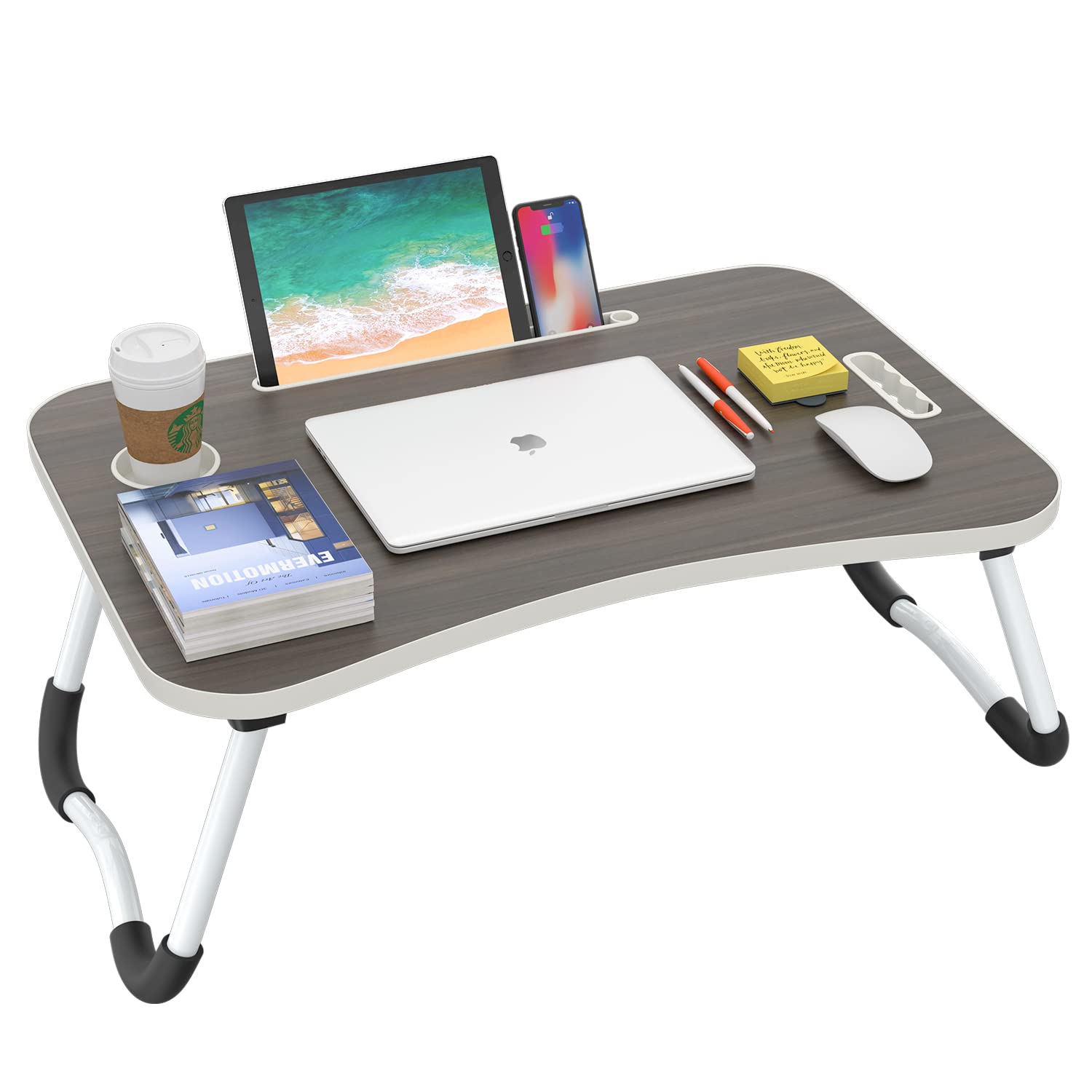 BUYIFY Klappbarer Lap Desk, 23 Zoll Tragbarer Laptop-Betttisch aus Holz, schwarz, mit Getränkehalter, zum Arbeiten, Lesen, Schreiben, Essen, Filme schauen für Bett, Sofa, Couch, Boden