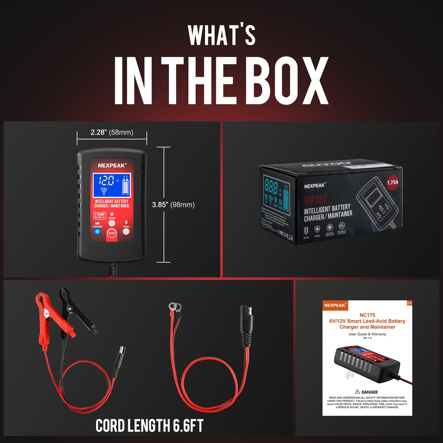 1.75-Amp Car Battery Charger, 6V and 12V Smart Fully Automatic Battery Charger Maintainer, Trickle Charger, Battery Desulfator for Car, Lawn Mower, Motorcycle, Boat, Marine Lead Acid Batteries