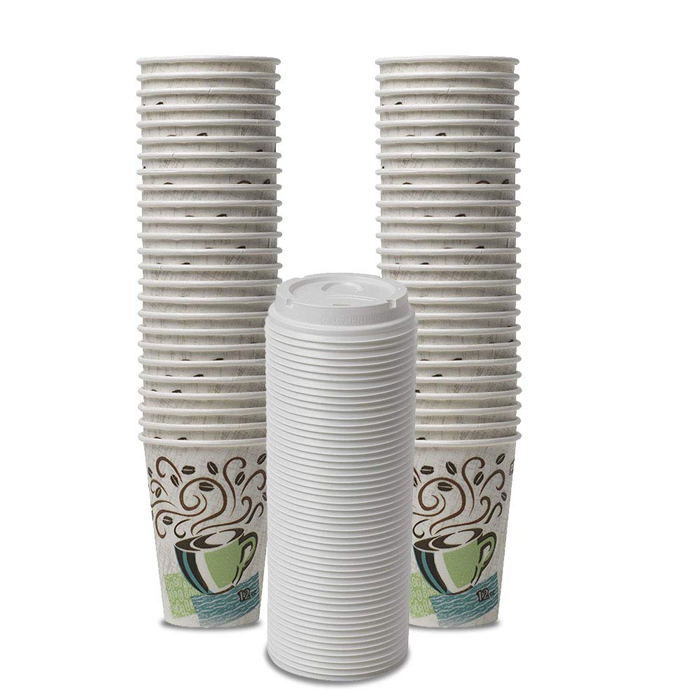 Dixie PerfecTouch WiseSize Coffee Design Insulated Paper Cup, 12oz Cups and Lids Bundle (12 oz, 50 Cups, 50 Lids)