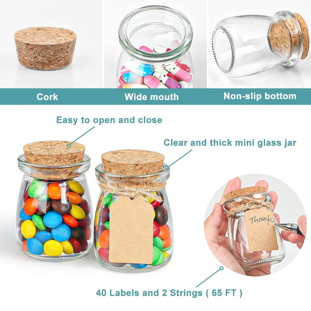 Ritayedet 40 Pack Glass Favor Jars with Cork Lid, 3.4 oz Small Glass Bottles for Wedding Favor, Baby Shower, Party Favor, Gift Jars for Candy, Bonus Twine and Labels