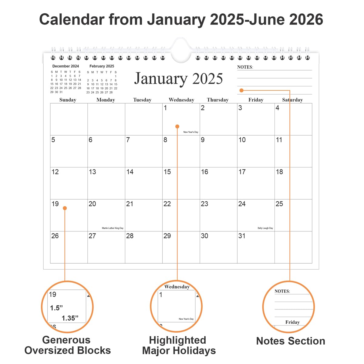 Calendar 2025-18 Months Calendar from January 2025 to June 2026, Wall Calendar 2025-2026 with Thick Paper, 8.5" x 11", Black