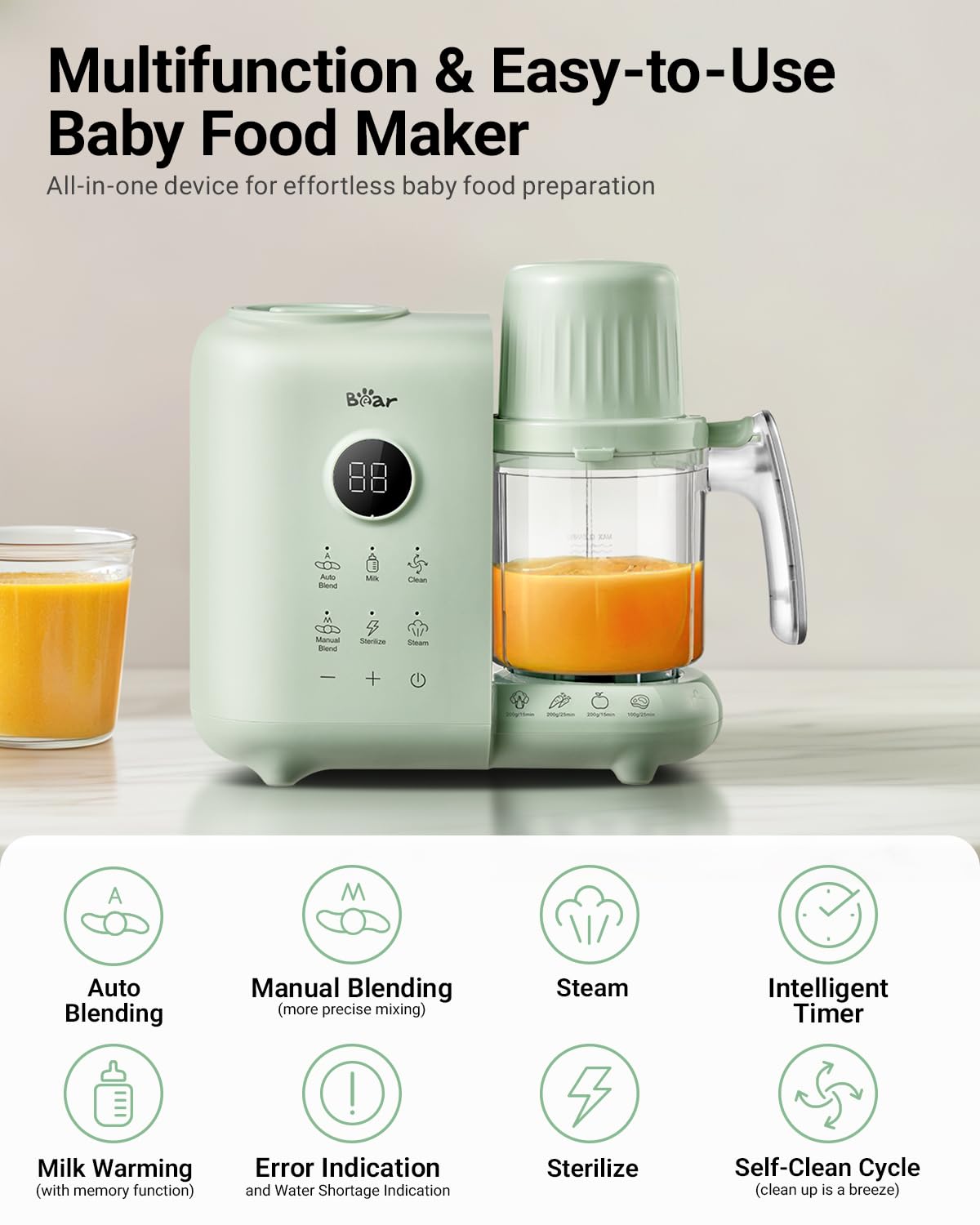 Bear Baby Food Maker with Two Layer Steam Baskets, Multifunction Baby Food Processor Steamer Puree Blender, Baby Food Mill with Bottle Warming Sterili-zing Auto Cleaning Function, BPA-Free