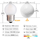 Sphoon G40 1.5w Low Wattage Led Bulb Equivalent 15 Watt Standard E26 Base G14 Small Low Power Light Bulb, Frosted, Warm White 2700k, CRI 90+, 150lm, Pack of 2