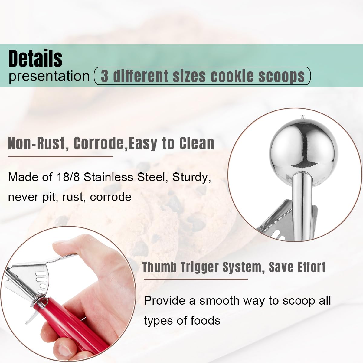Saebye Cookie Scoop Set, Ice Cream Scoop Set, Cookie Scoops for Baking, Multiple Size Large-Medium-Small Size Disher, Professional 18/8 Stainless Steel Cupcake Scoop