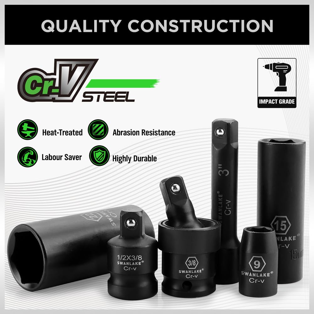 SWANLAKE GARDEN TOOLS 3/8'' Drive Impact Socket Set, 50-Piece Standard SAE (5/16 to 3/4 inch) and Metric (8-22mm) Size, 6 Point, Cr-V, 3/8-Inch Ratchet Handle, Extension Bar, Universal Joint