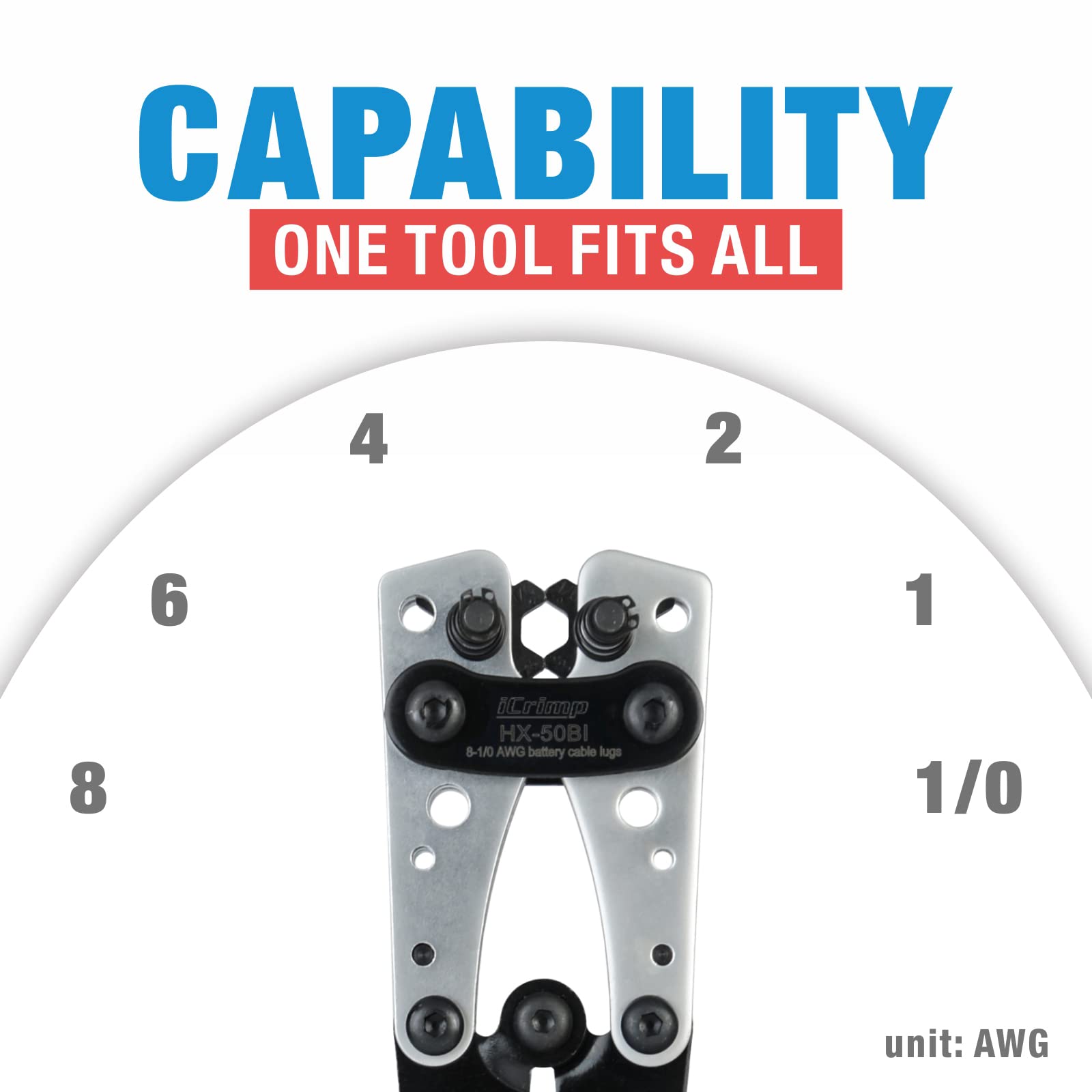 iCrimp Battery Cable Lug Crimping Tool for 8, 6, 4, 2, 1, 1/0 AWG Heavy Duty Wire Lugs, Battery Terminal, Copper Lugs with Wire Shear Cutter