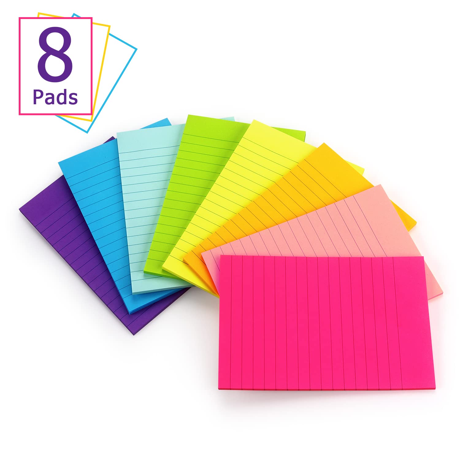 6 Pads Lined Sticky Notes 3x3 Sticky Notes with Lines Self-Stick Note Pads 6 Bright Multi Colors,100 Sheet/Pad