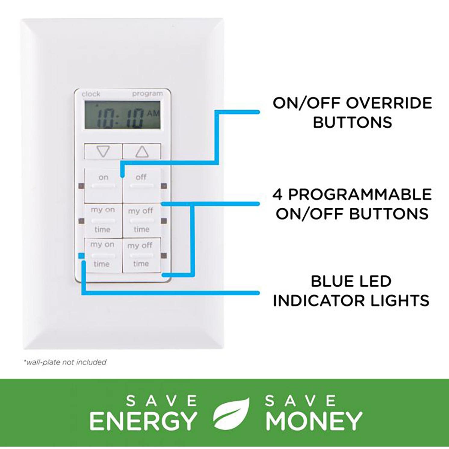 myTouchSmart In-Wall Digital Timer, 4 Programmable On/Off Buttons, 2 Easy On/Off Buttons, 24 Hour Daily Cycles, Blue LED Indicators, with Battery Backup, for Indoor/Outdoor Lights, Fans, 26893