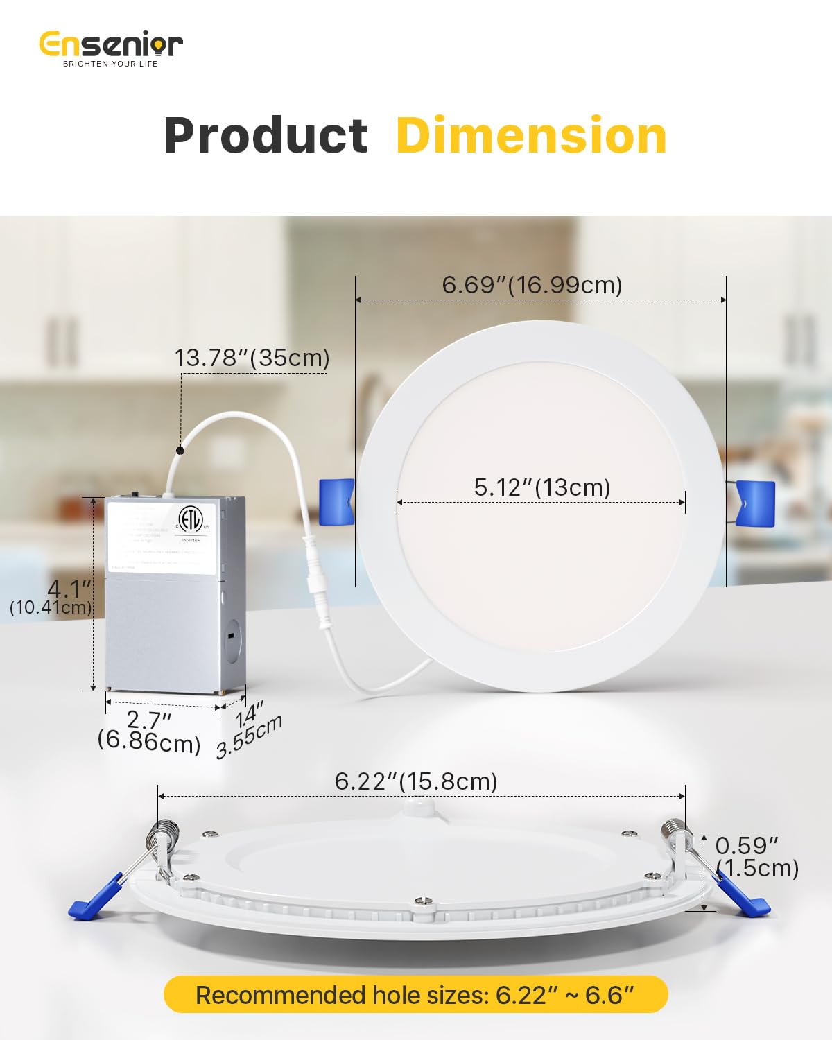 Ensenior 12 Pack 6 Inch LED Recessed Ceiling Light, Dimmable, 2700K-5000K 5CCT, 1200LM 12W 120V, High Brightness Canless Wafer Downlight - ETL&FCC&IC