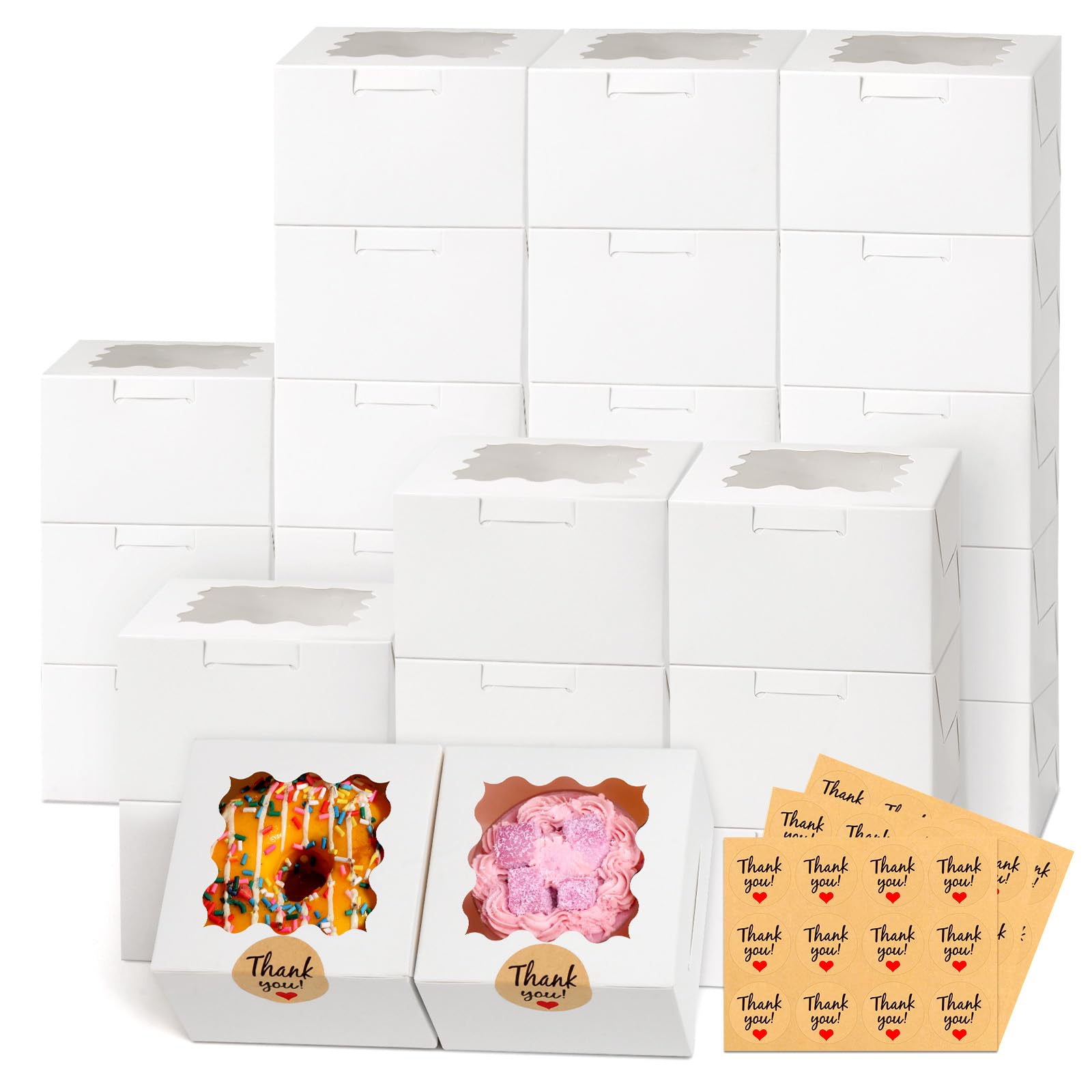 ZYFOTZUN 26pcs White Cookie Boxes with Window, 4x4x2.5 Inches Small Bakery Boxes with 36pcs Stickers, for Mini Cake Cookies Treat Dessert Pastry Donuts Macaroon Strawberries Chocolate Cupcakes Candy