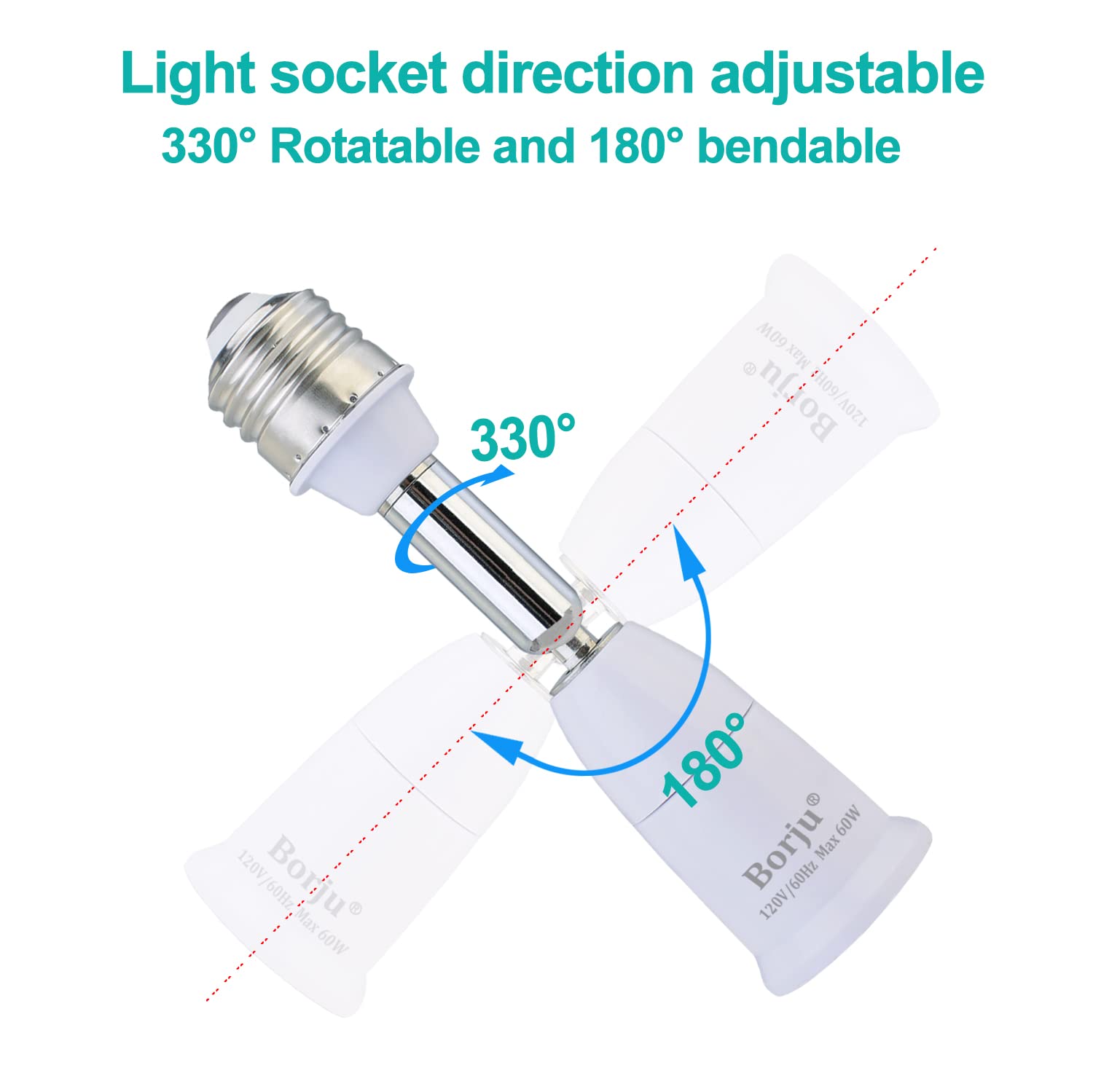 Borju Light Socket Extender [2-Pack], 4.5 Inch Extension, 360° Adjustable Socket, White