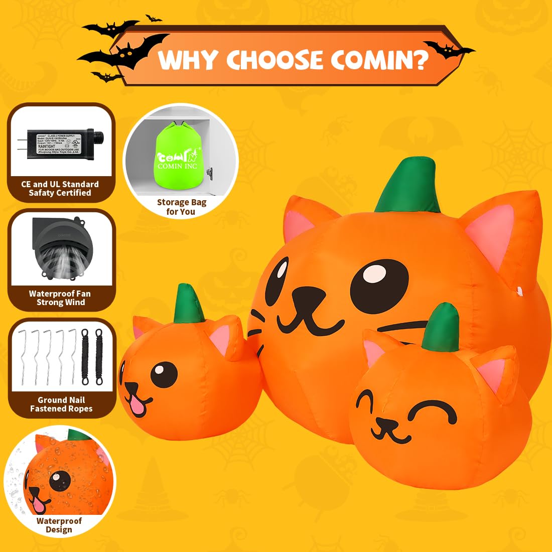 COMIN Halloween Inflatable 5FT Long Three Pumpkin Cat Head Combo with Built-in LEDs, Blow Up Yard Decoration for Holiday Party Indoor, Outdoor, Yard, Garden, Lawn