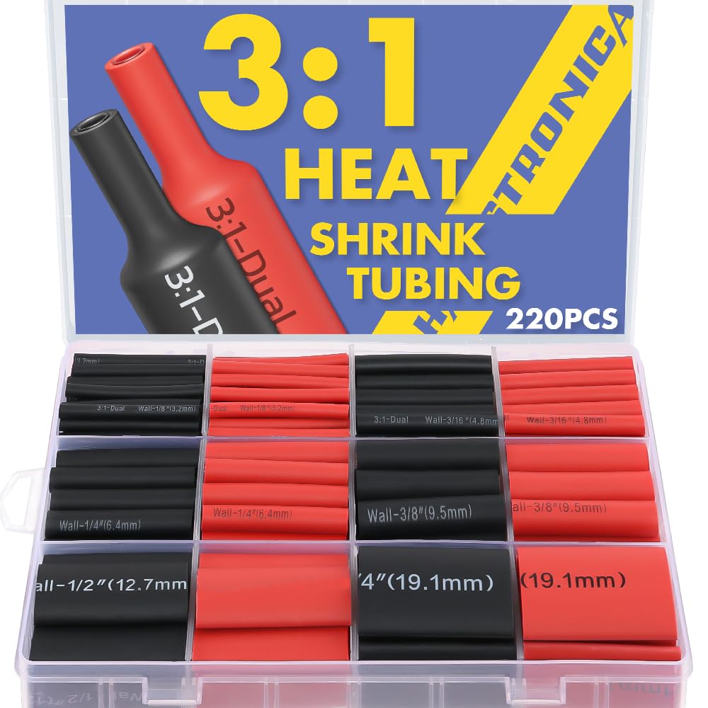 haisstronica 3:1 Schrumpfschlauch-Set, klebstoffbeschichtete, marinebeständige Schrumpffolie – 4,4 cm Länge, 6 Größen, perfekt für Haushalt und Industrie, 3,2 mm–19 mm, 220 Stück – Schwarz, Rot