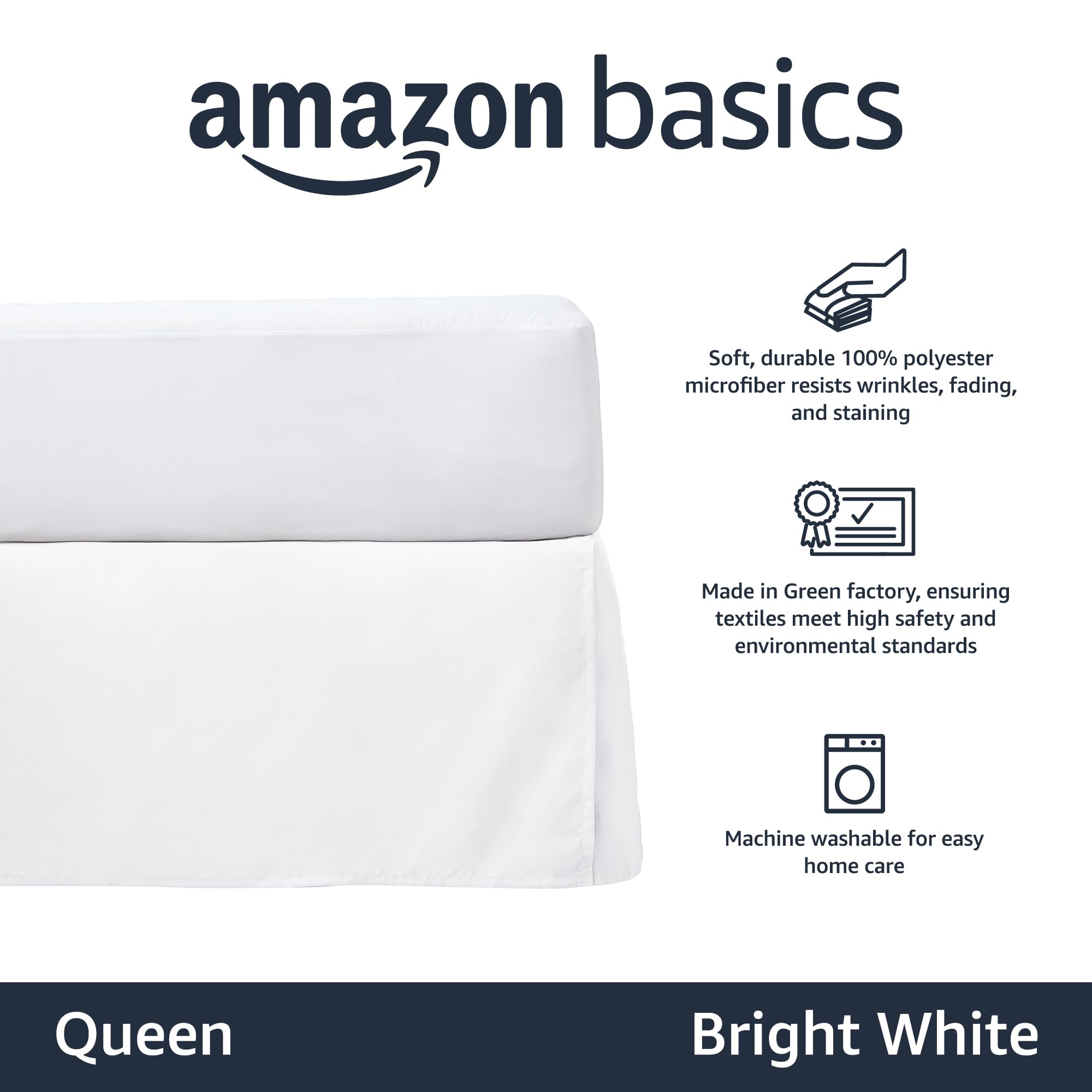 Amazon Basics Lightweight Pleated Bed Skirt, Queen, Bright White, Solid