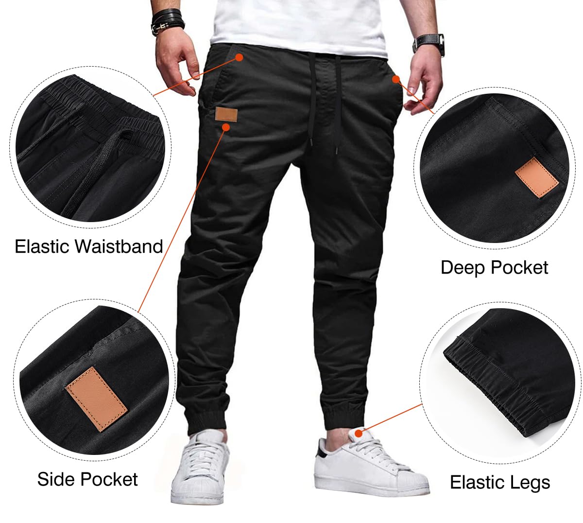 JMIERR Mens Casual Joggers Pants - Cotton Drawstring Chino Cargo Pants Hiking Outdoor Gym Twill Track Jogging Yoga Sweatpants Travel Jogger Pants with Pockets for Men, L A Black