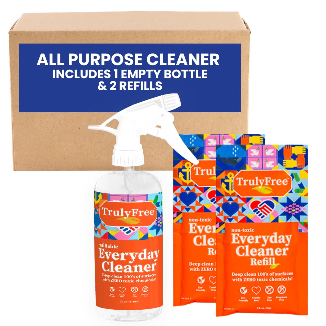 Truly Free Everyday Cleaner - All Purpose Natural Cleaner Spray, Household Cleaning Supplies - 16oz Empty Spray Bottle, 2 Refills (3 oz Each)