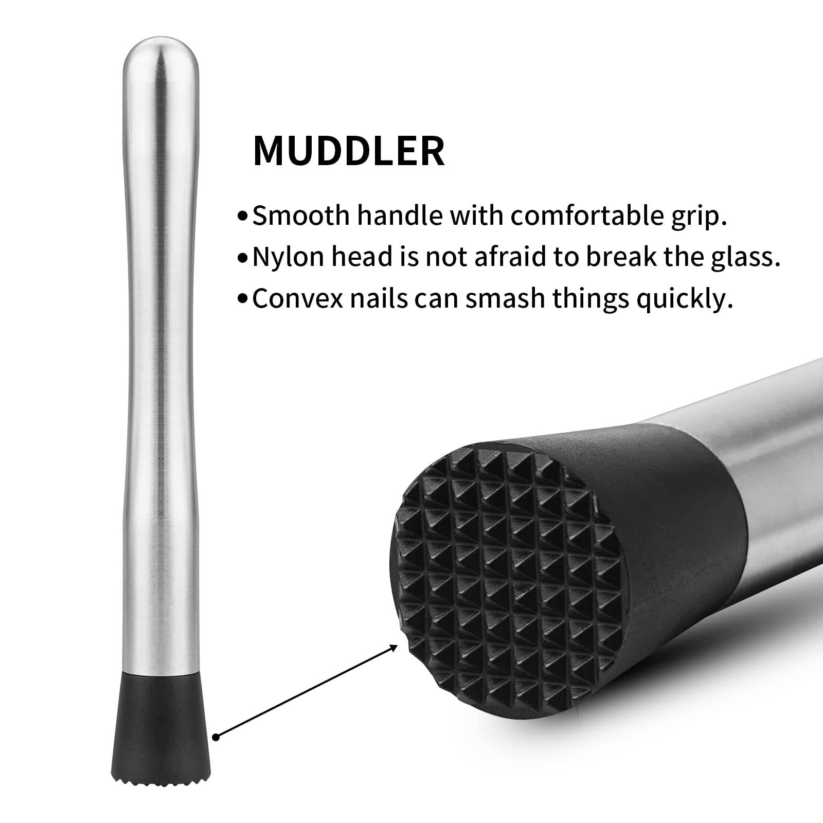 tifanso Muddler for Cocktails, 10" Muddler and Long Handle Bar Cocktail Mixing Spoon, Stainless Steel Stirrer, Bar Accessories Tools for Mojitos Fruit Drinks