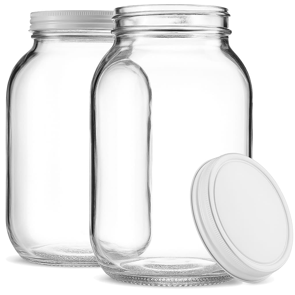 1 Gallon Glass Jar With Lid - 2 Pack Large Glass Jar With Airtight Metal Lids - USDA Approved BPA-Free Dishwasher Safe, Wide Mouth Sun Tea Jar, Gallon Mason Jar for Storage, Fermenting, And Brewing