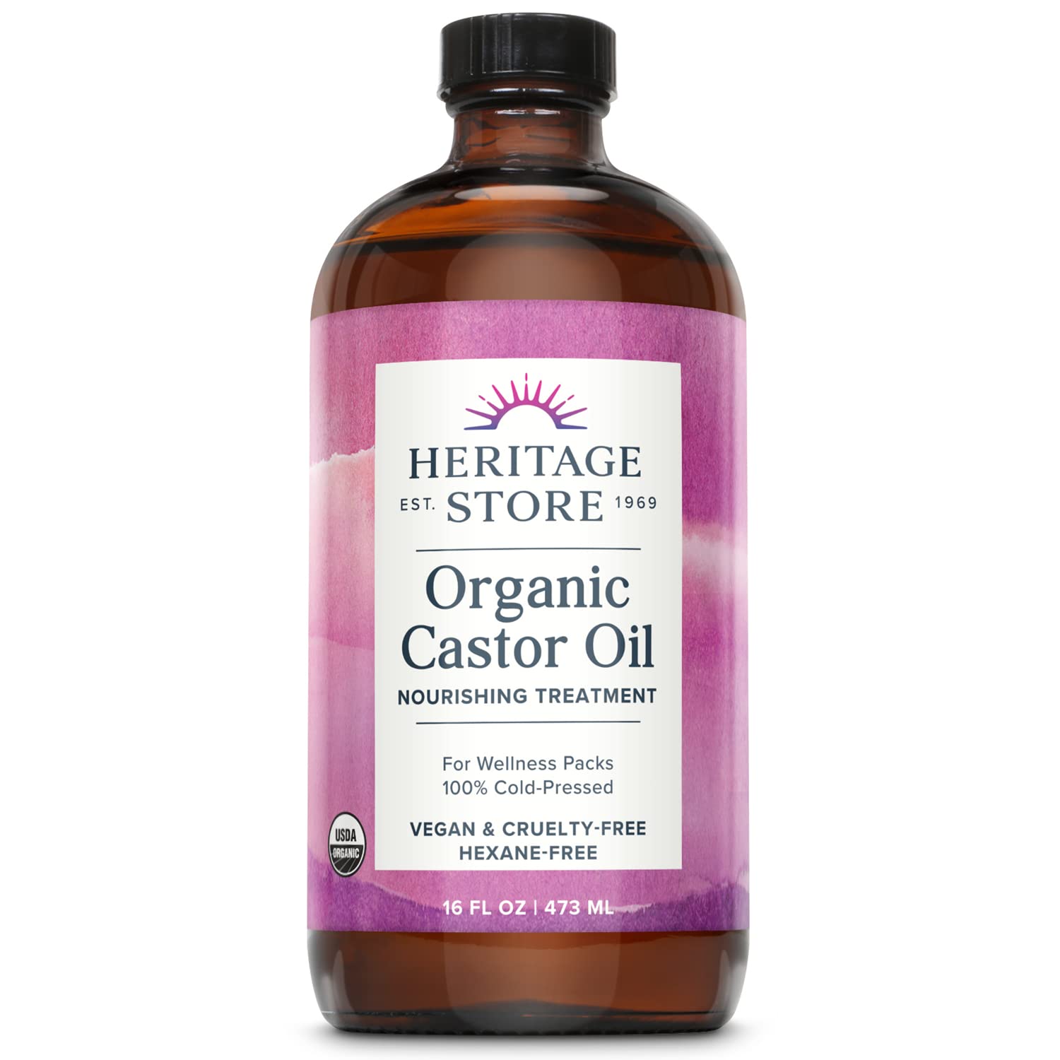 HERITAGE STORE Bio-Rizinusöl – Glasflasche – Pflegende Behandlung für Haar und Haut – Wimpernserum für Wimpern, Augenbrauen, Rizinusöl-Packungen – Kaltgepresst, Hexanfrei, Vegan 473 ml