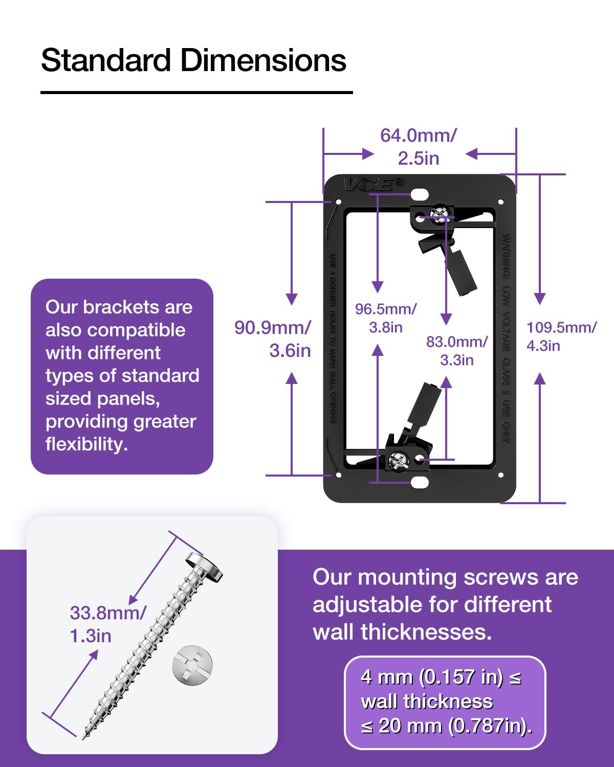 VCE Low Voltage Mounting Bracket (1 Gang, 5 Pack) for Single Gang Wall Plate, Telephone Wires, Network Cables, HDMI, Coaxial, Speaker Cables, Black