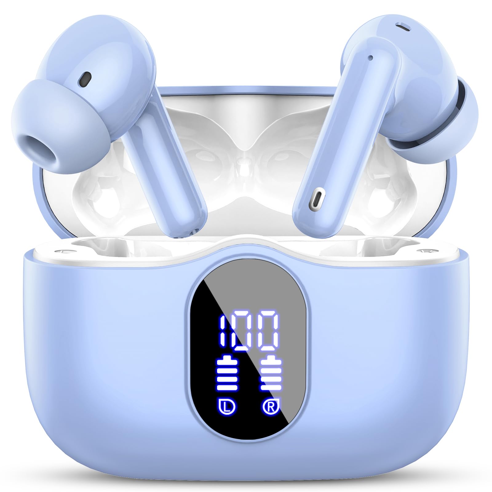 Wireless Earbuds, Bluetooth Headphones 48H Playtime Ear Buds with LED Power Display, IPX7 Waterproof Bluetooth 5.4 Earphones in-Ear Earbuds with 4 Mic for Android iOS Cell Phone Laptop, Light blue
