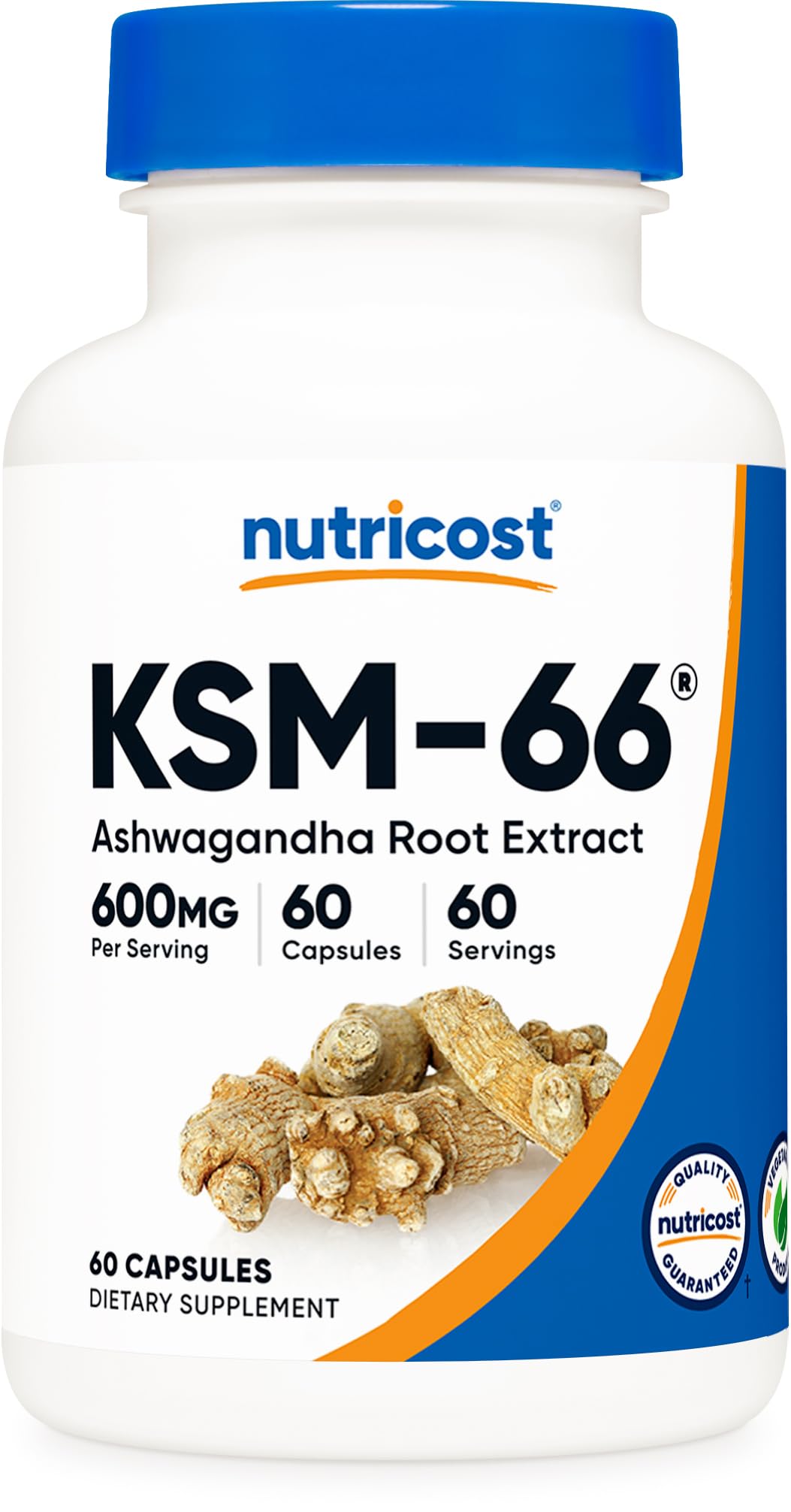 Nutricost KSM-66 مستخلص جذور أشواغاندا 600 ملغ، 60 كبسولة نباتية - 5% ويثانوليدات - مع بيوبيرين - مستخلص جذور كامل الطيف