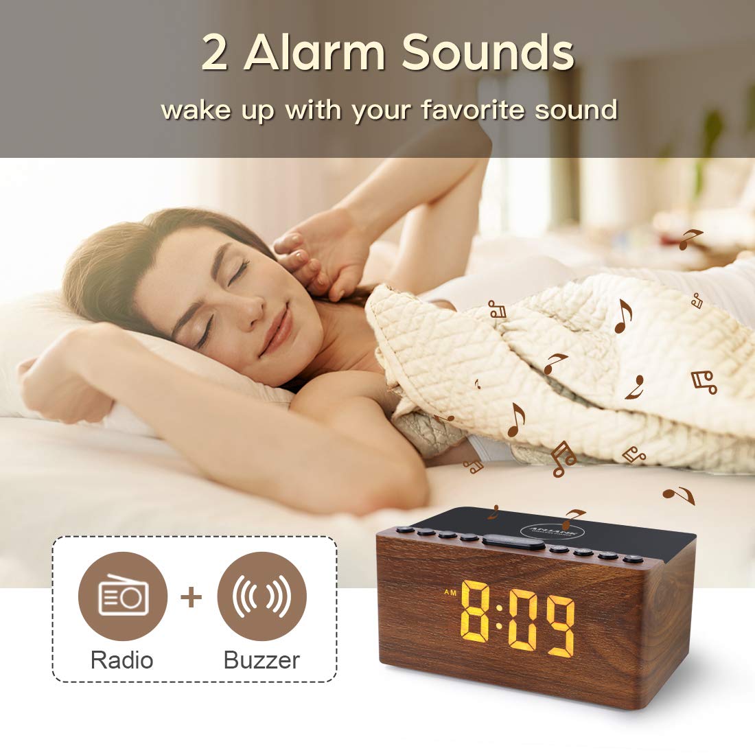 ANJANK Digital LED Alarm Clock FM Radio, Fast Wireless Charger Station for iPhone/Samsung Galaxy, 5 Level Dimmer, USB Charging Port, 2 Sounds, Sleep Timer for Bedroom, Bedside, Desk - Wood