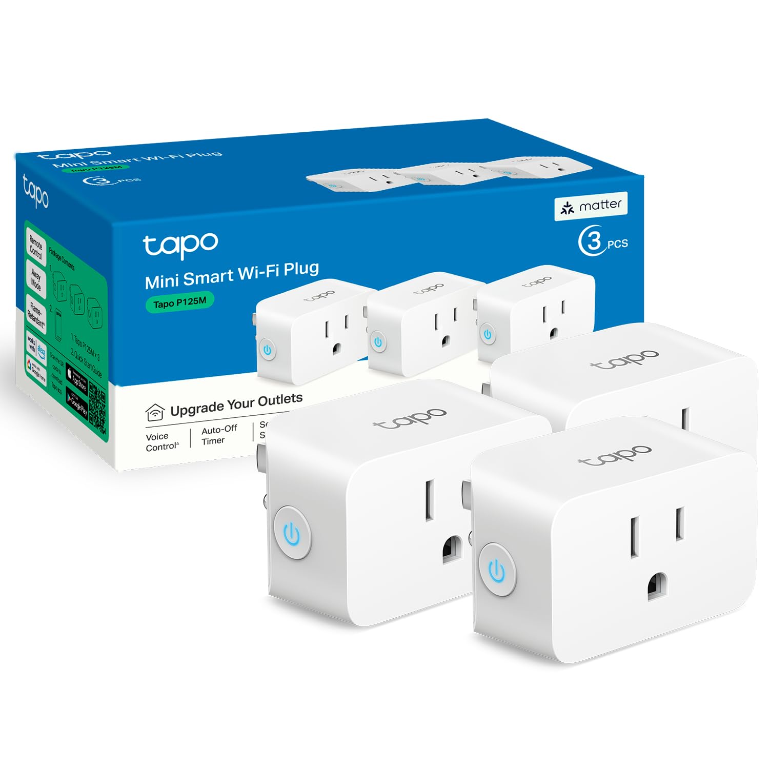 TP-Link Tapo Matter قابس ذكي صغير مدعوم، تصميم مدمج، 15 أمبير/1800 واط كحد أقصى، إعداد سهل للغاية، يعمل مع Apple Home و Alexa و Google Home، معتمد من UL، يعمل بتقنية Wi-Fi 2.4G فقط، أبيض، Tapo P125M (عبوة من 3 قطع)