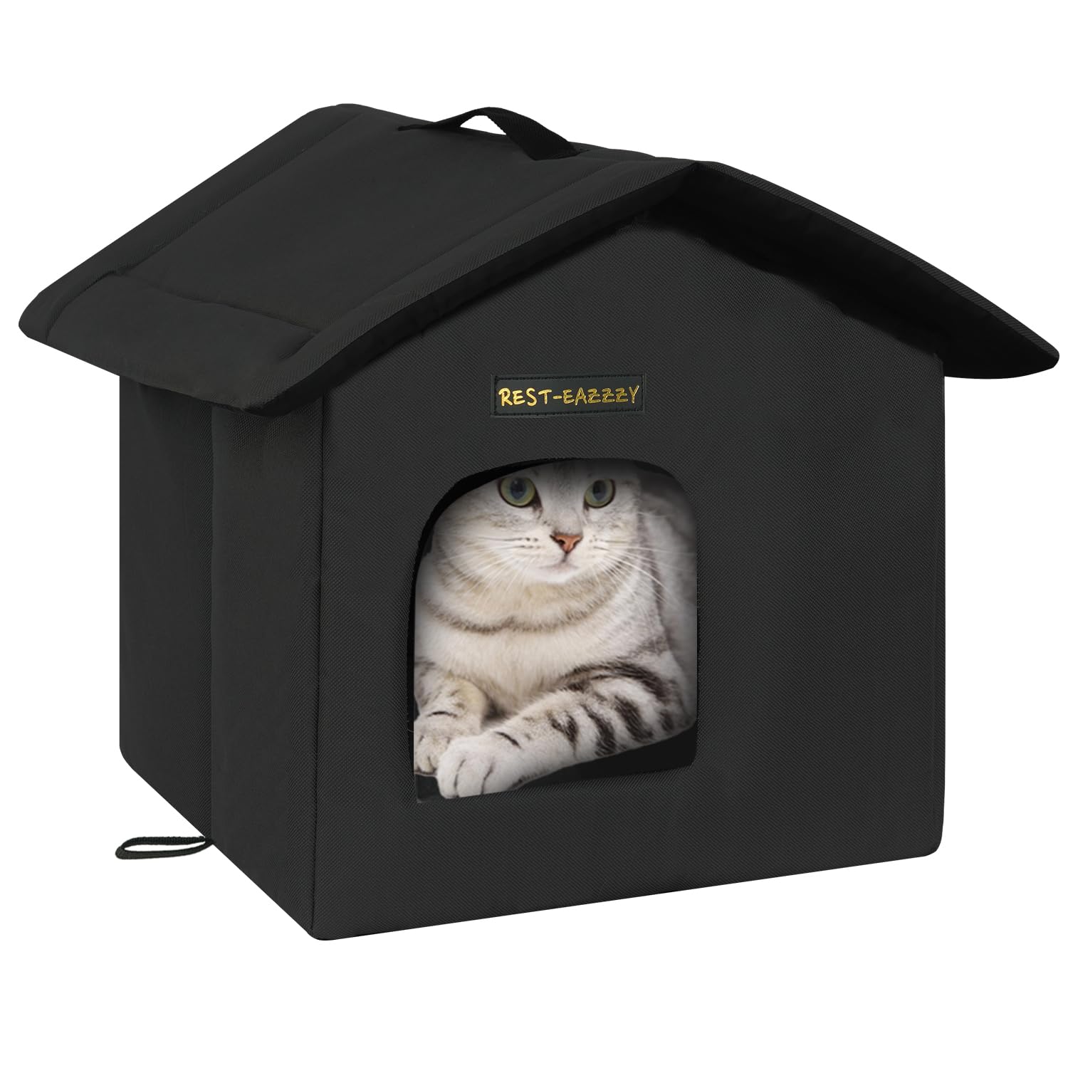 Rest-Eazzzy Cat House for Outdoor Cats, Weatherproof and Insulated Feral Cat House with Mat and Canopy, Easy to Put Together, Selfwarming Cat Shelter for Winter(13 * 13 * 14" Black with Support)