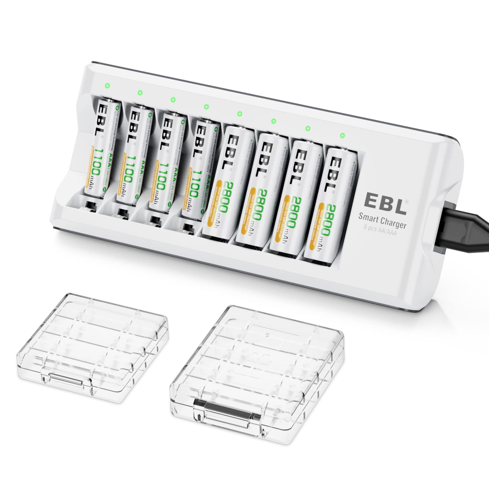 EBL AA AAA Battery Charger, 8-Bay Individual Charger for NiMH NiCD Rechargeable Batteries with AC Plug Fast Charging