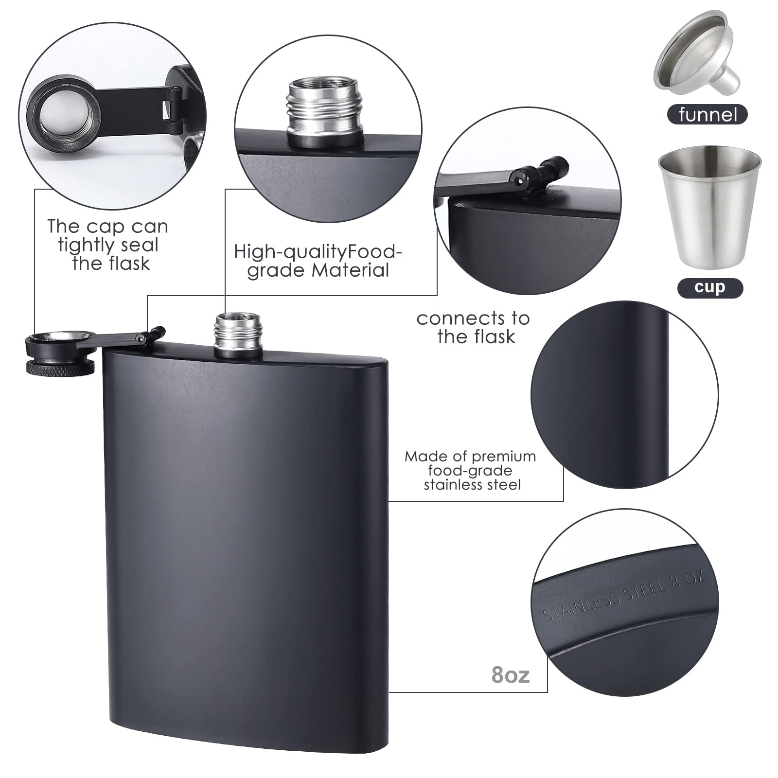 ROMORC 2 Pack Hip Flasks for Liquor Matte Black 8 Oz Stainless Steel Leak-proof Thin Flasks with 2pcs Funnels and Cups for Wedding Party, Groomsman, Bridesmaid, Gift