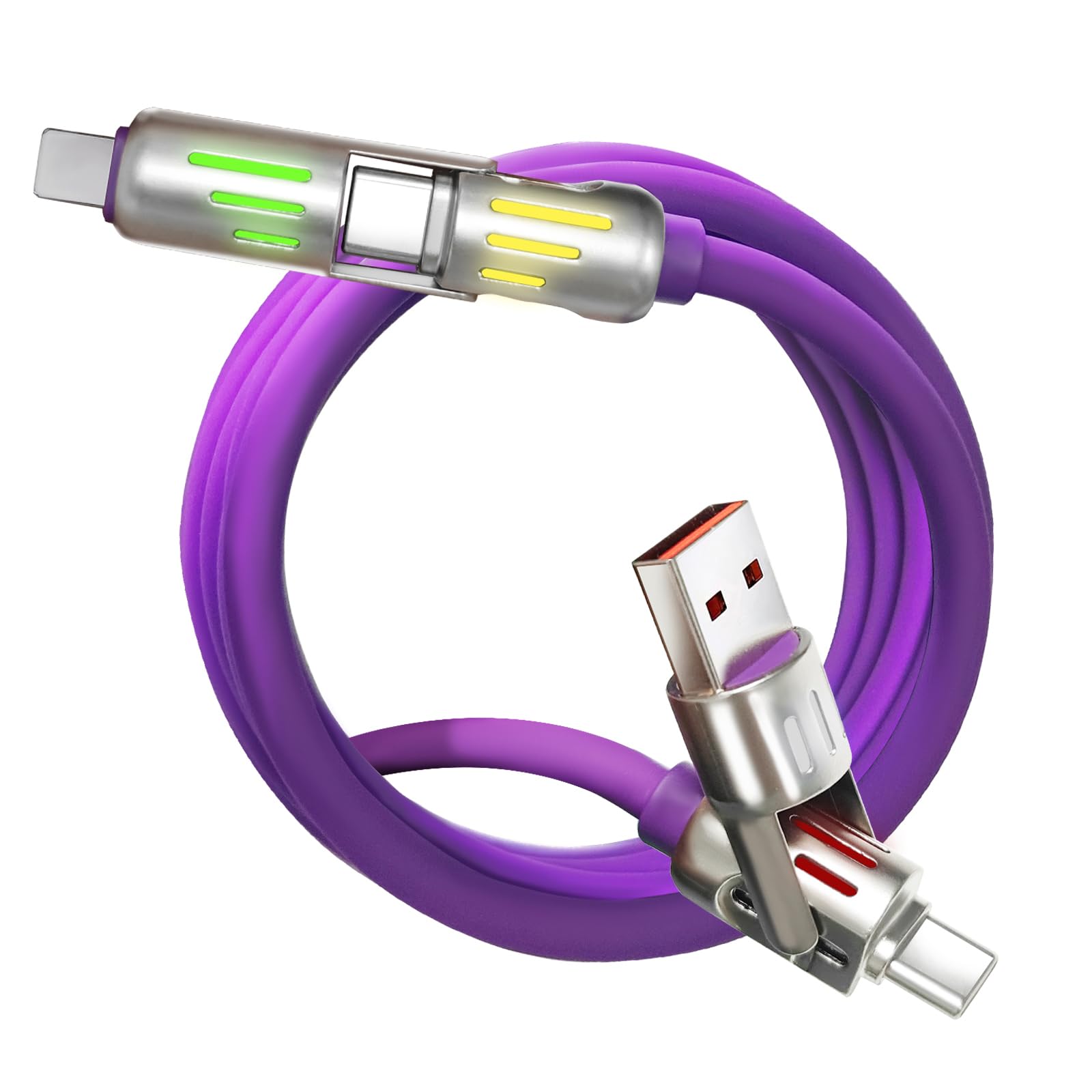 USB C Cable, 240W 4 in 1 Multi Charging Cable USB Charger Cable with Breathing Light, Combo L Port/Type C/USB A Fast Charging Cord for iPhone Pro Max Laptop Samsung Device Charging, 5FT-Purple