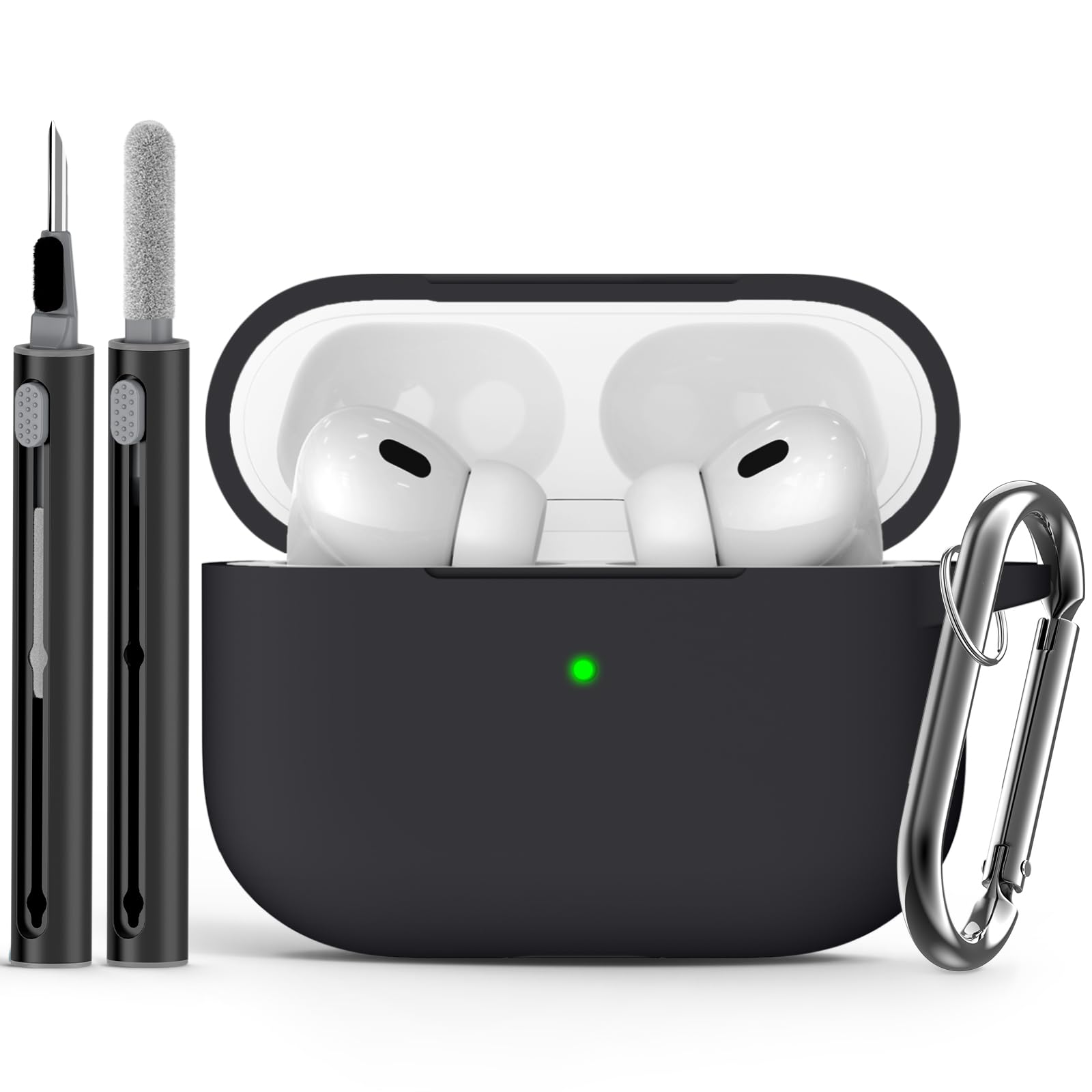 Ljusmicker für AirPods Pro Hülle mit Reinigungsset, weiche Silikon-Schutzhülle für Apple AirPod Pro 2./1. Generation Hülle für Damen und Herren, AirPods Pro 2/Pro Zubehör mit Schlüsselanhänger – Schwarz